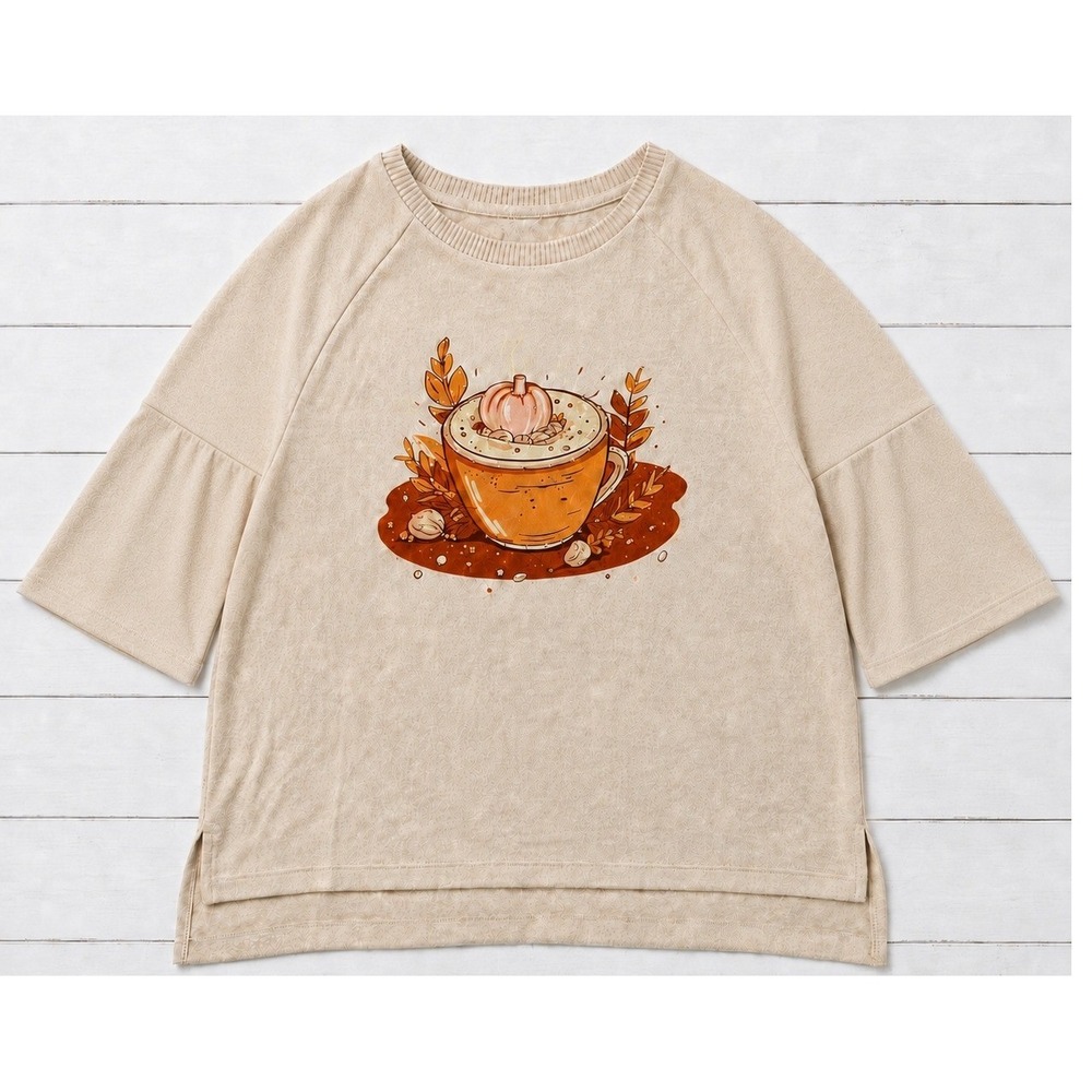 Love & Lace Top Pumpkin Latte Graphic Fall Autumn Coffee Cozy Casual Beige Small